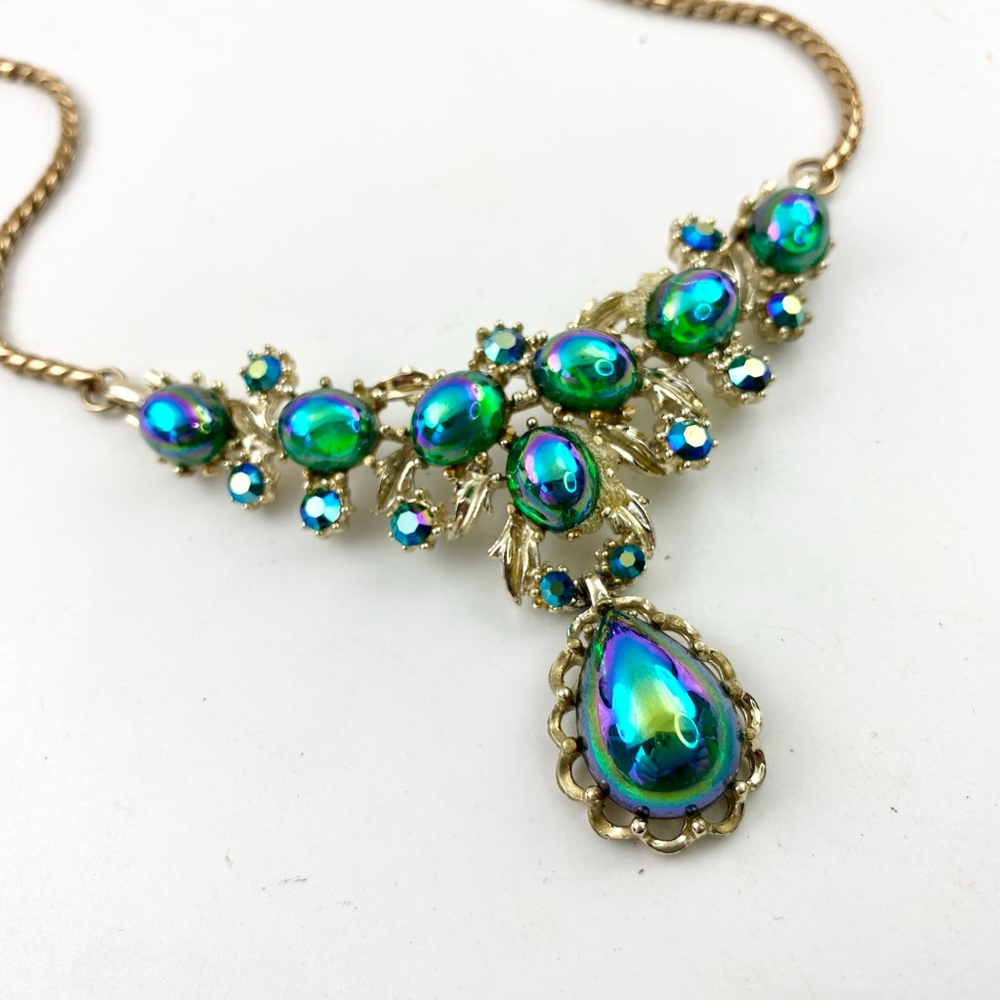 Vintage Coro Peacock Green Polychrome Cabochon Necklace Rhinestone Statement. - Picture 3 of 8